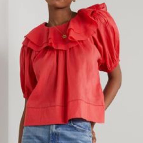 THE GREAT. Tops - NWT $248 The Great The Sunrise Ruffled Cotton-Voile Red Short Sleeve Blouse